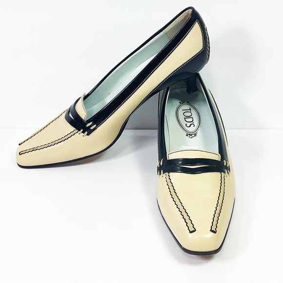 Vintage Tod's Black & Beige Leather Kitten Heels Penny Loafers Shoes - Picture 2 of 8